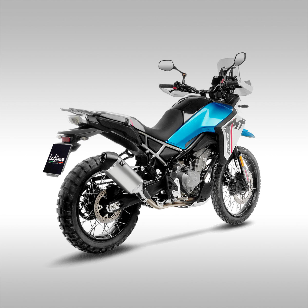 LeoVince LV-14 Slip-On Muffler CFMOTO Ibex 450 MT450 SS on gray background