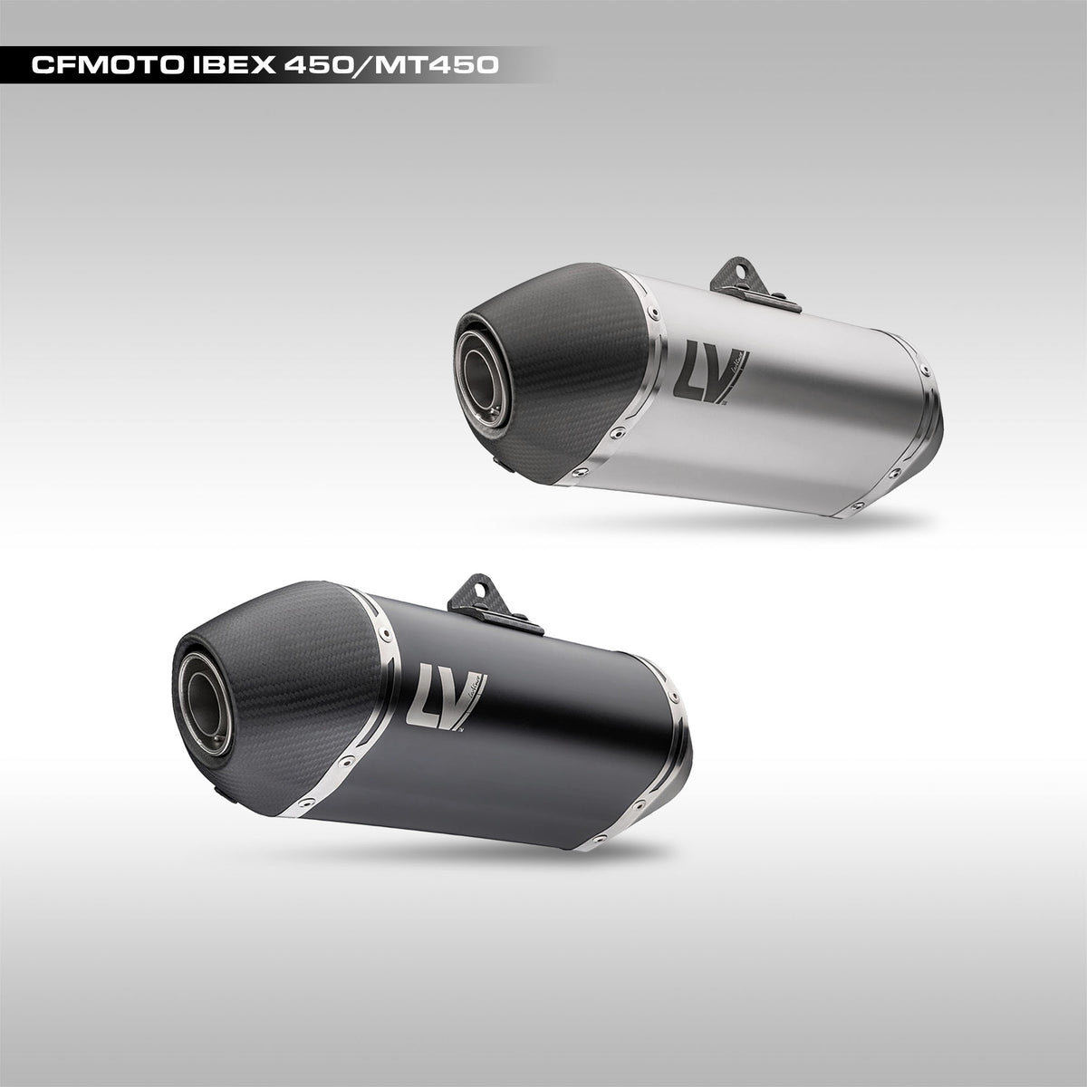 LeoVince LV-14 Slip-On Muffler CFMOTO Ibex 450 MT450 SS and Black on gray background