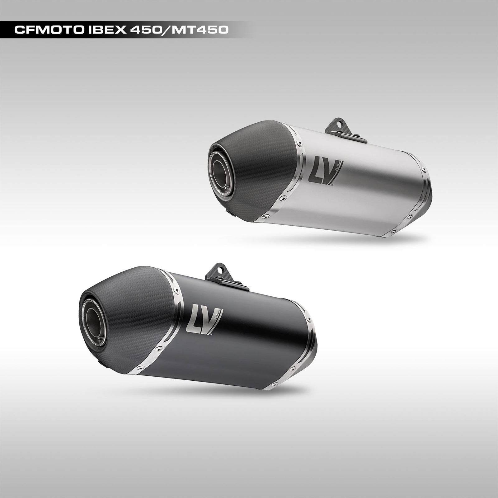LeoVince LV-14 Slip-On Muffler CFMOTO Ibex 450 MT450 SS and Black on gray background