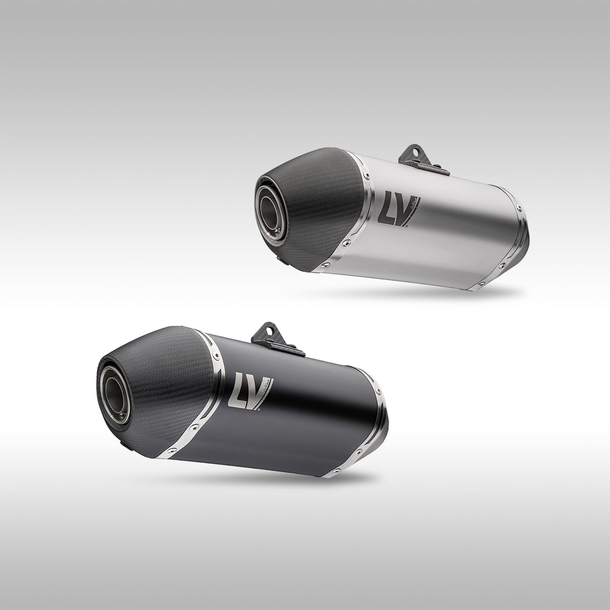 LeoVince LV-14 Slip-On Muffler CFMOTO Ibex 450 MT450 SS and Black on gray background