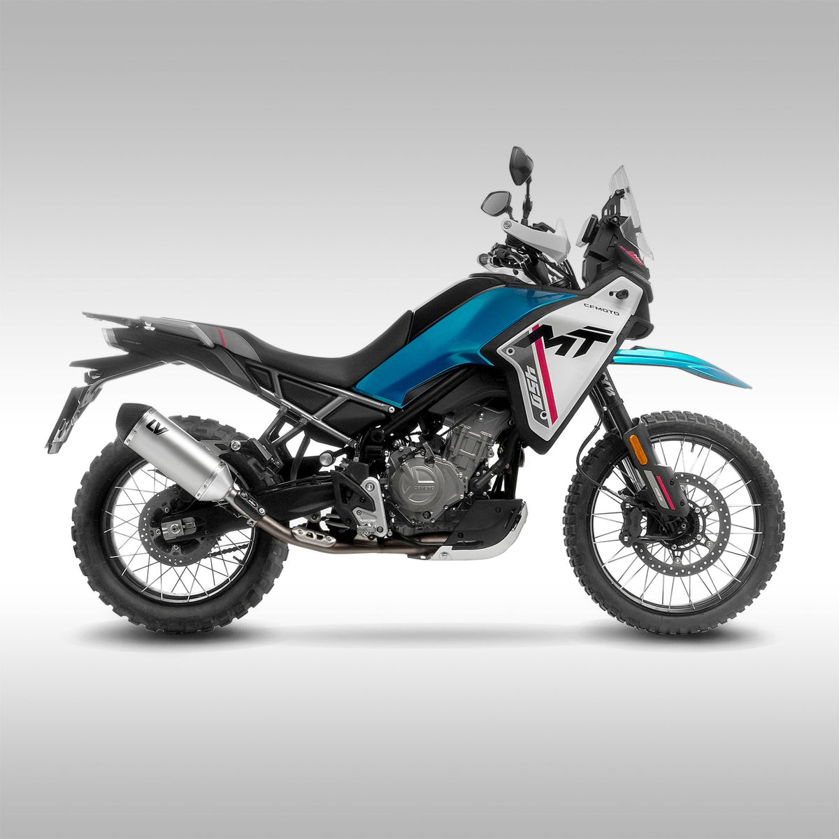 LeoVince LV-14 Slip-On Muffler CFMOTO Ibex 450 MT450 SS installed on gray background