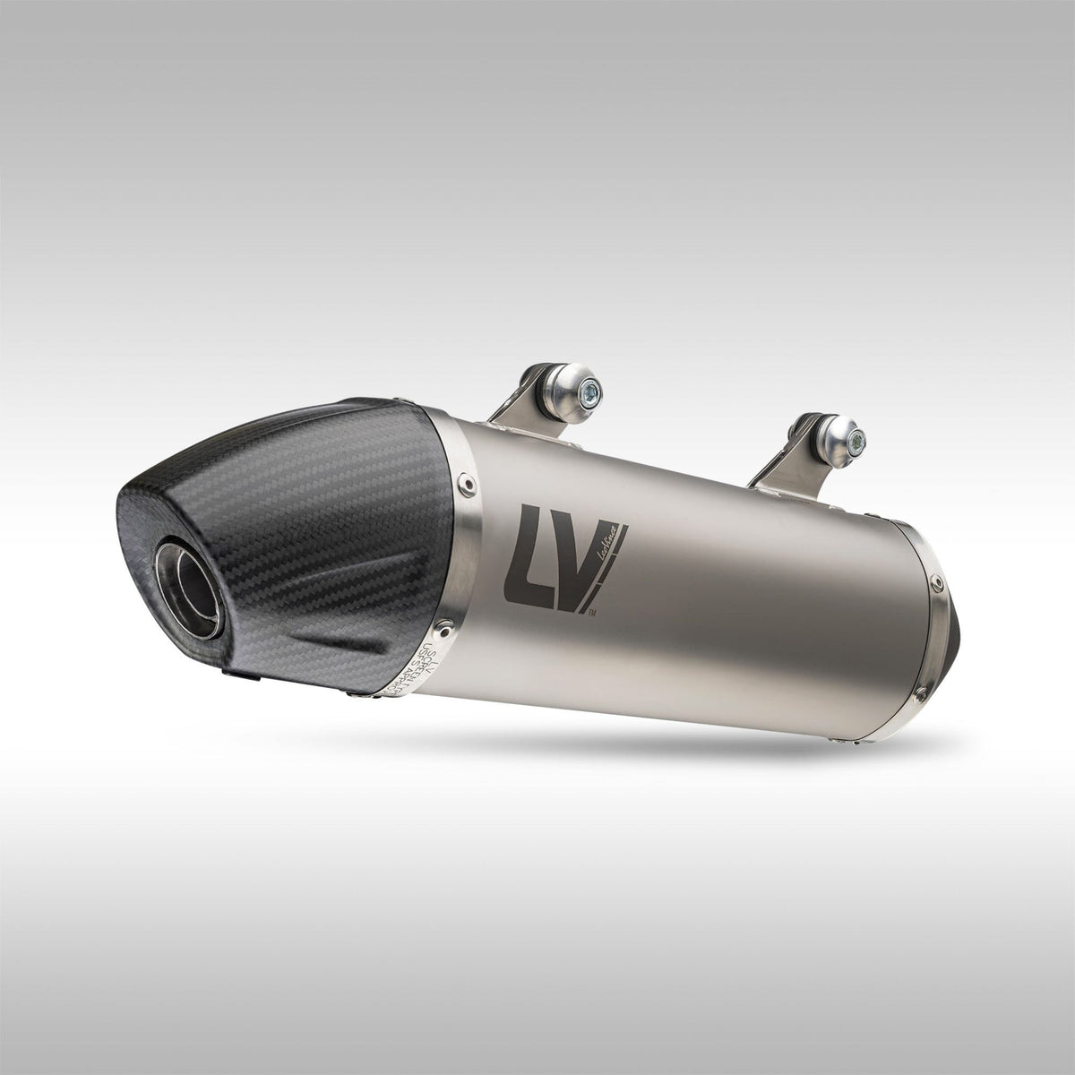 LeoVince LV-X EVO stainless steel slip-on exhaust muffler with carbon fiber end cap.
