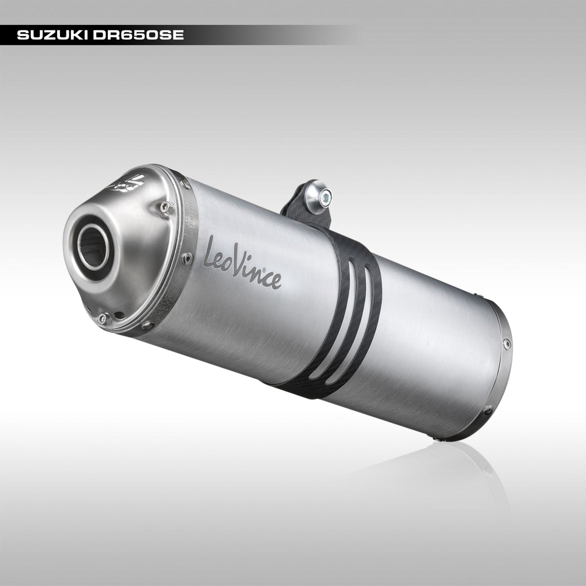 LeoVince 3378 LV-X aluminum slip-on exhaust muffler with carbon fiber mounting strap for the Suzuki DR650.
