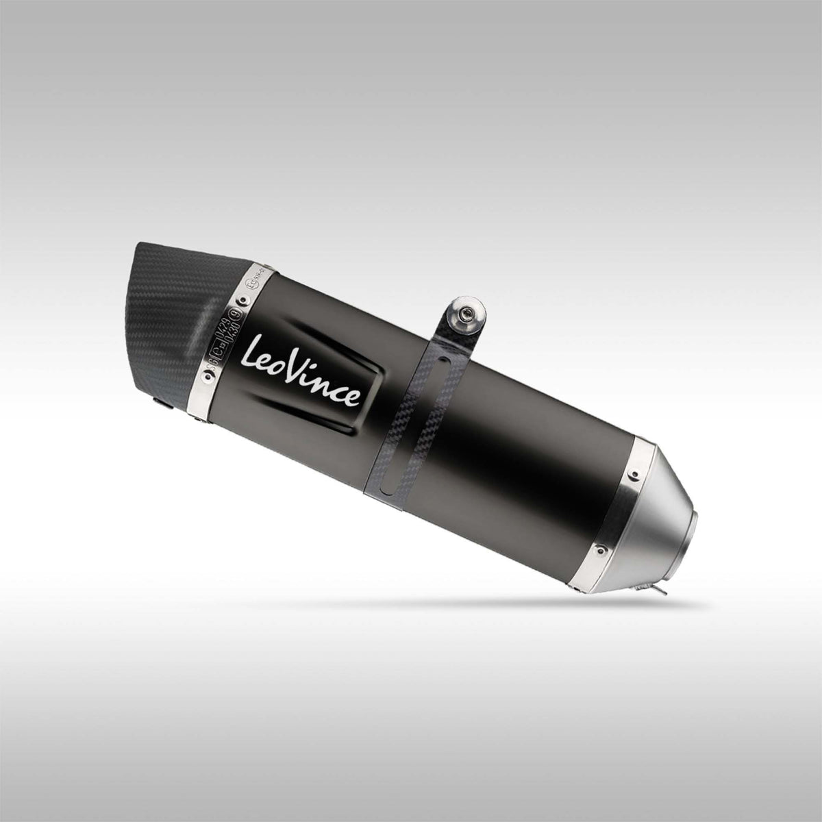 Two LeoVince LV One EVO Slip-On Mufflers for Yamaha Teneré 700 black edition on gray background.