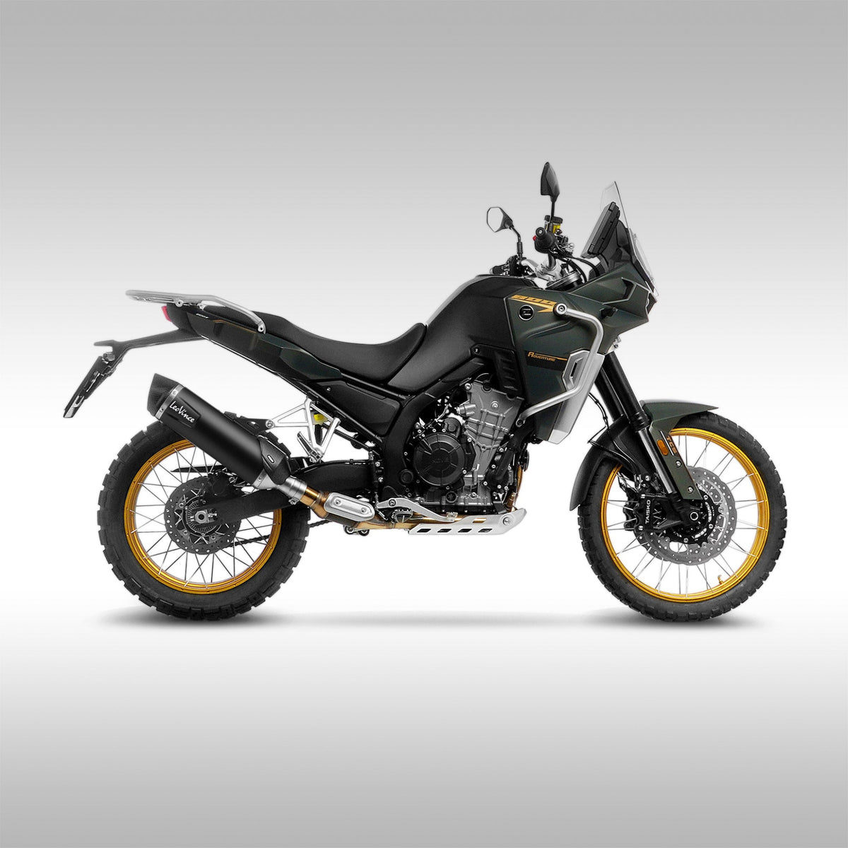 LeoVince LV One EVO slip-on exhaust muffler installed on a Kove 800X adventure motorcycle.