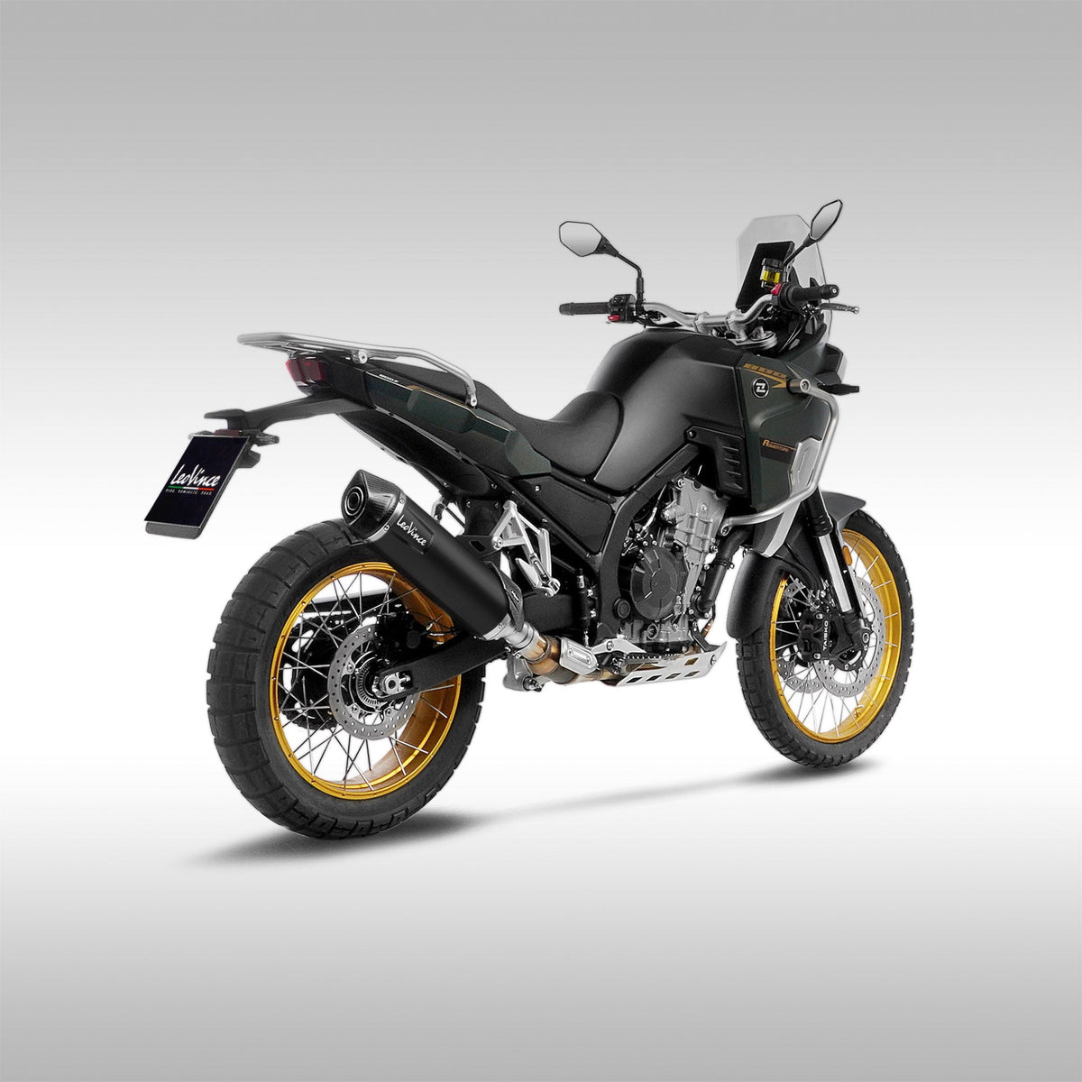 LeoVince LV One EVO slip-on exhaust muffler installed on a Kove 800X adventure motorcycle.