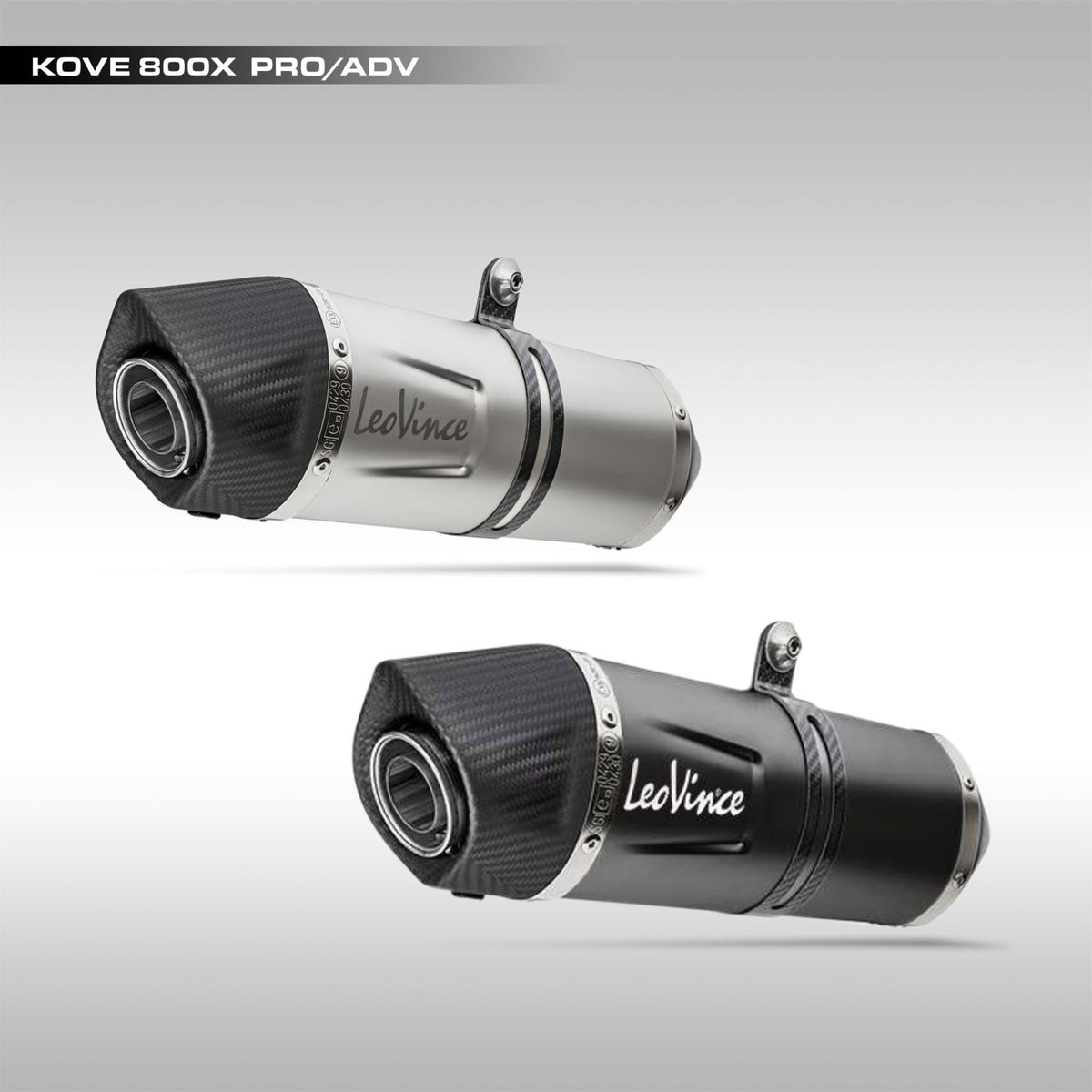LeoVince LV One EVO slip-on exhaust muffler installed on a Kove 800X adventure motorcycle.