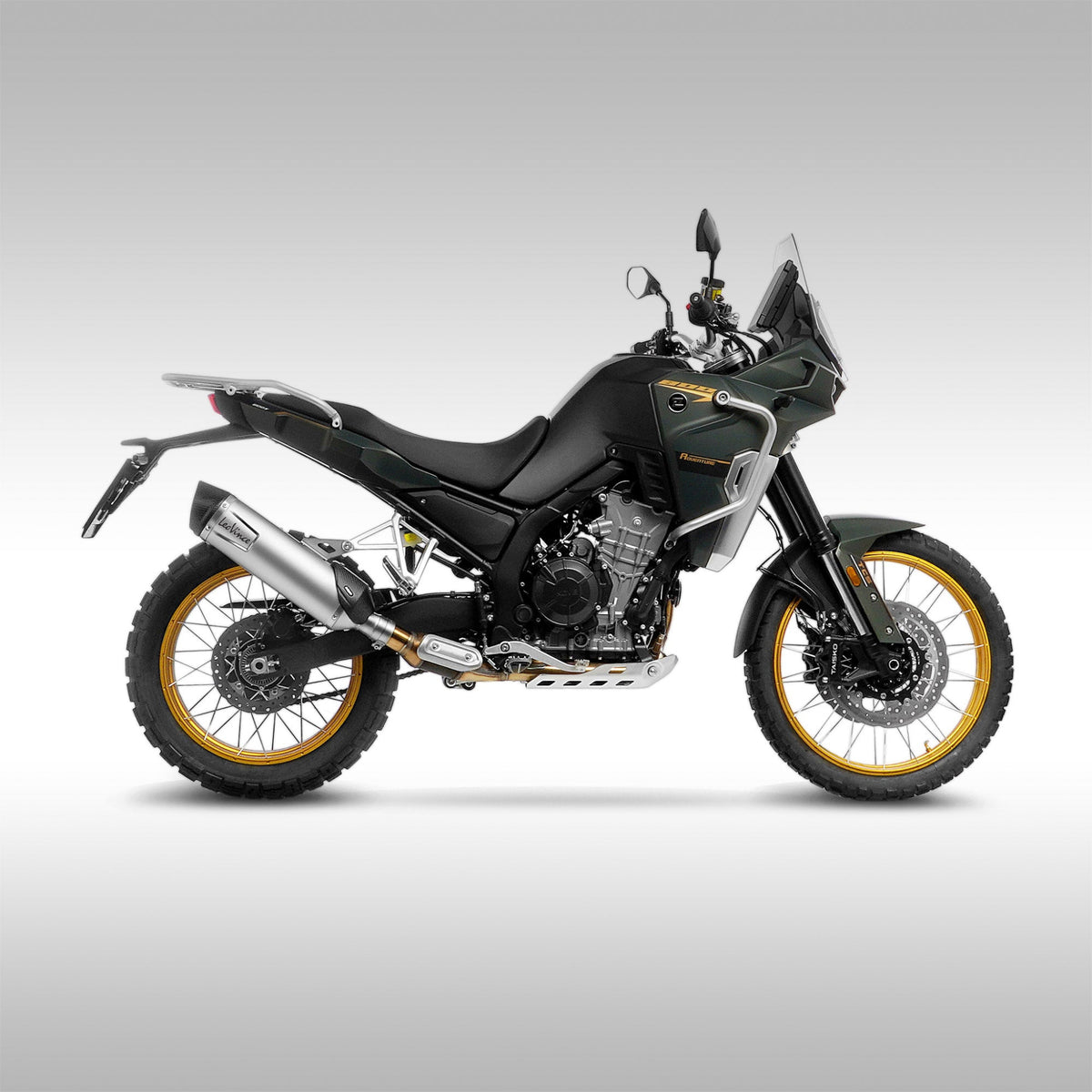 LeoVince LV One EVO slip-on exhaust muffler installed on a Kove 800X adventure motorcycle.