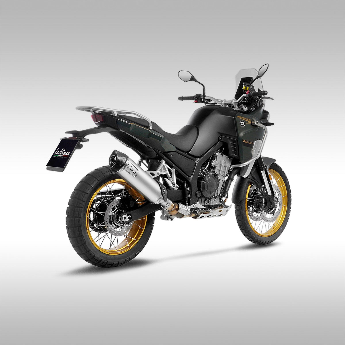 LeoVince LV One EVO slip-on exhaust muffler installed on a Kove 800X adventure motorcycle.