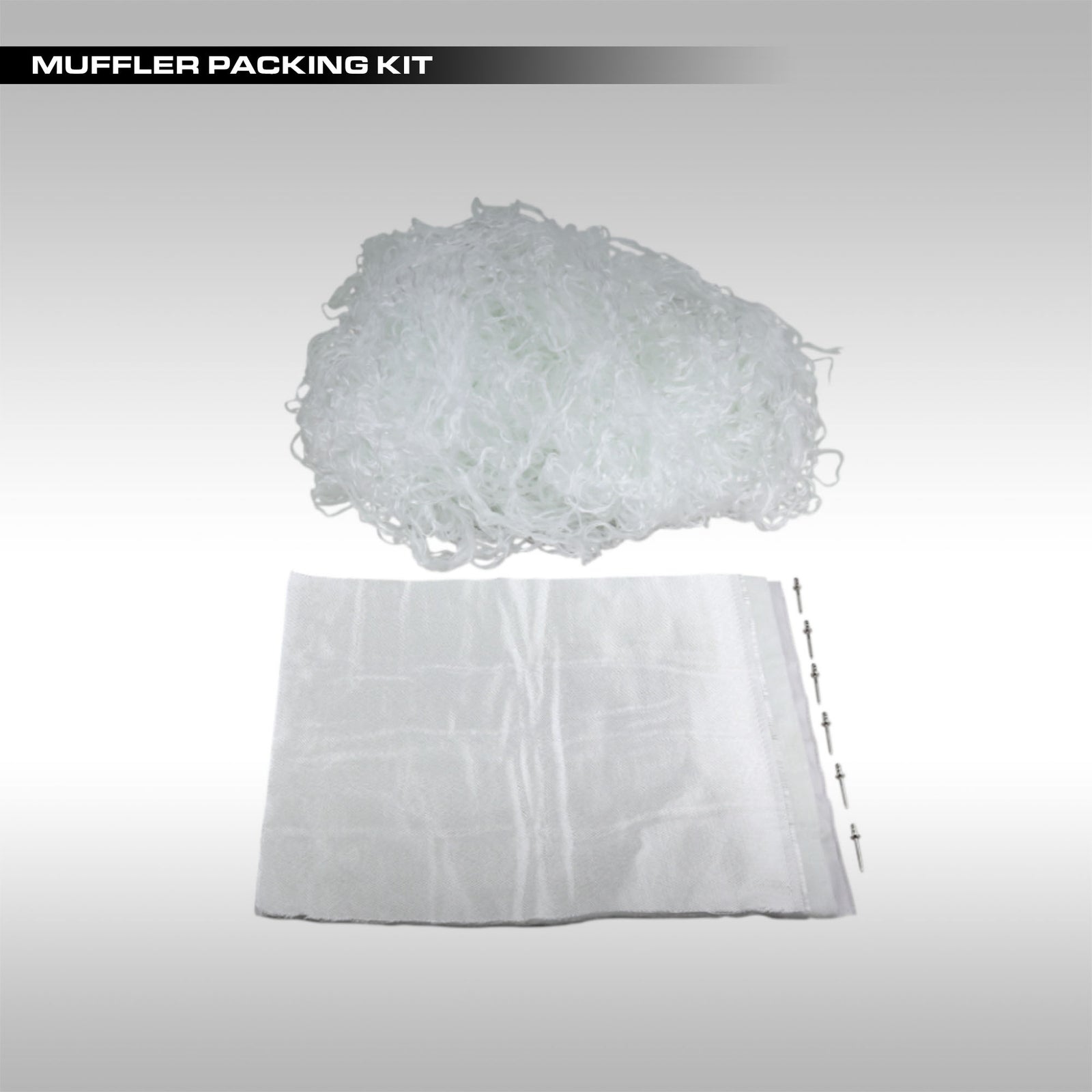White muffler packing material displayed against a white background with the text 'MUFFLER PACKING KIT' at the top.
