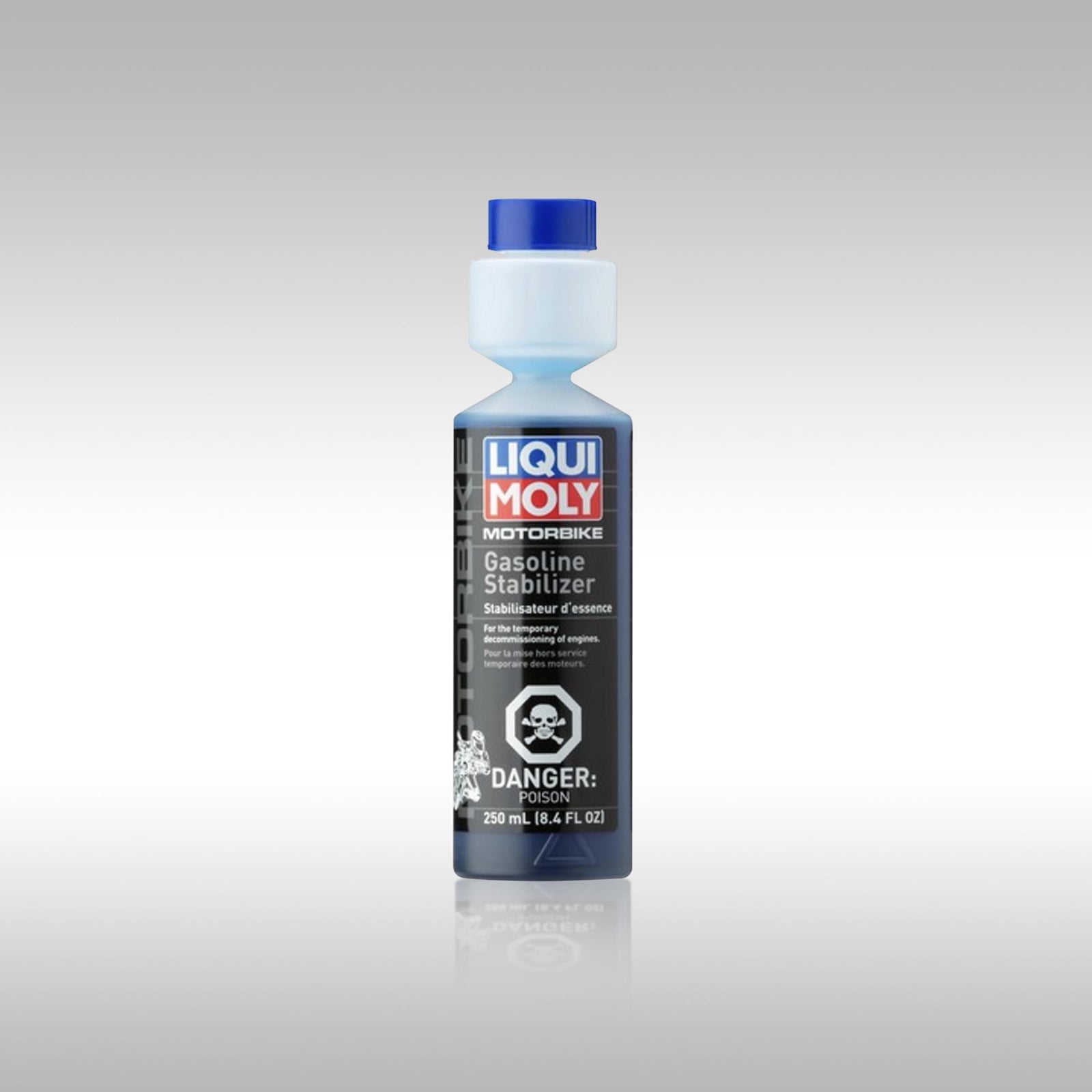 Bottle of Liqui Moli gasoline fuel stabilizer designed for motorcycles and powersports needs