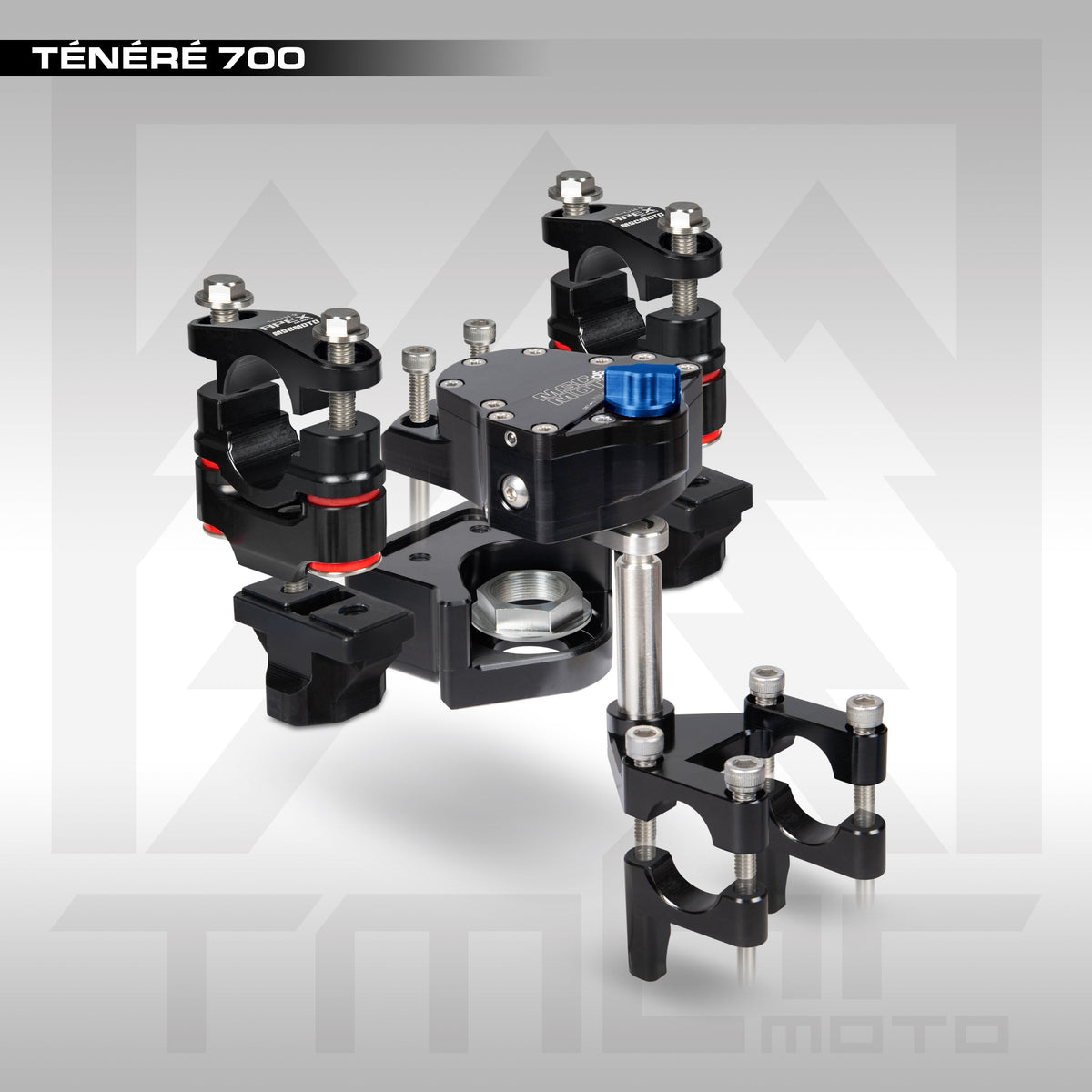 MSC Moto RM3 steering damper and APEX anti-vibration bar mounts installed on a Yamaha Tenere 700.