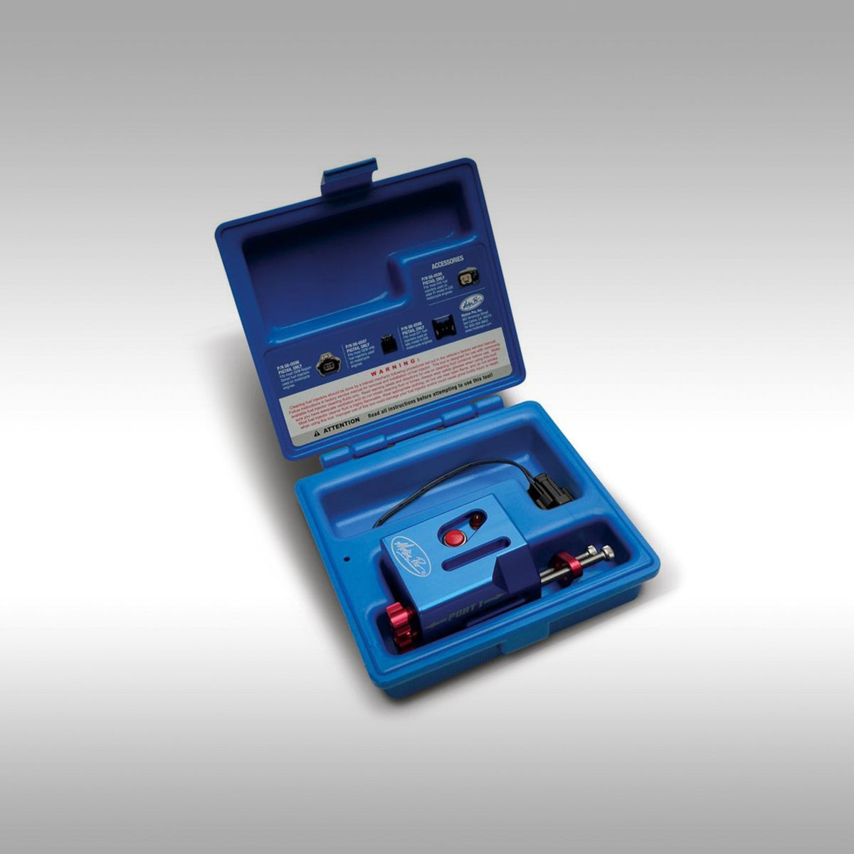 Blue Motion Pro Fuel injector cleaner in the case on a light gray background