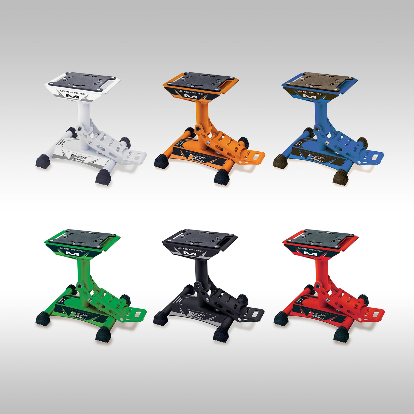 Six Matrix LS1 lift stands in different colors on a gray background