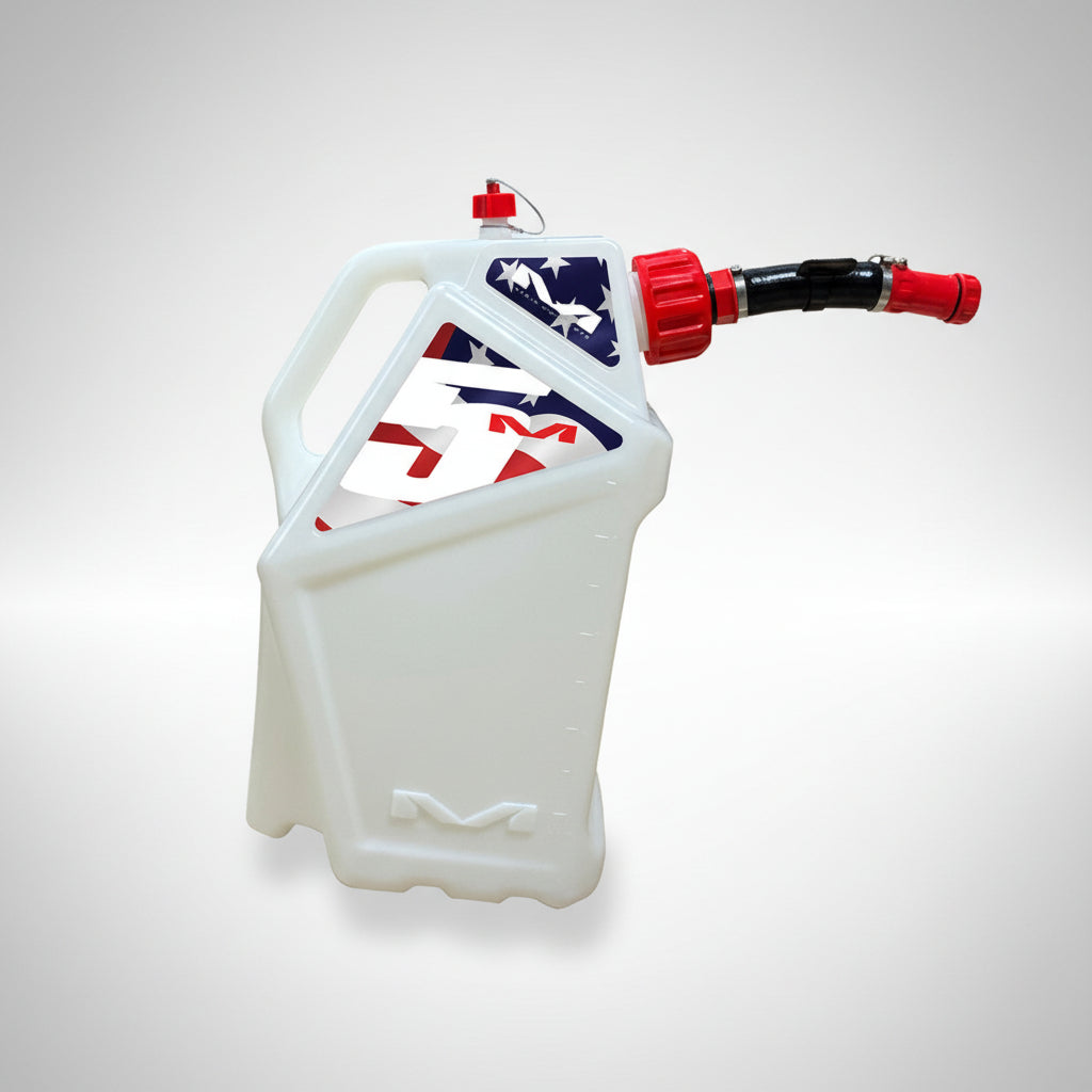 White container with red, white, and blue design on a white background