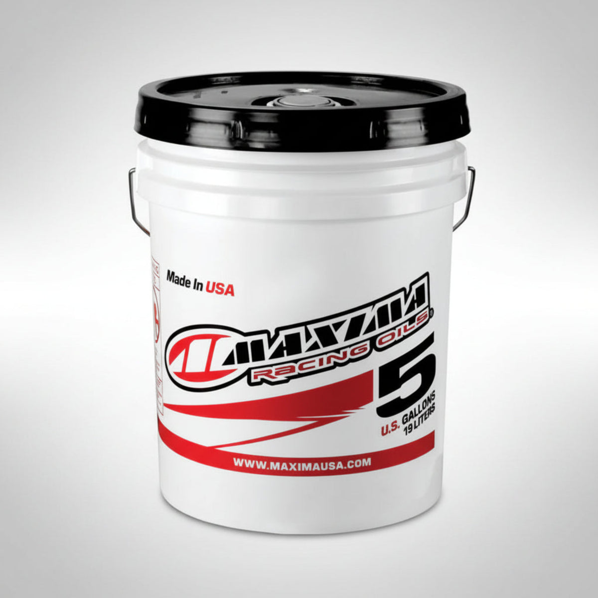 Maxima Racing Oils 5-gallon bucket on a light gray background