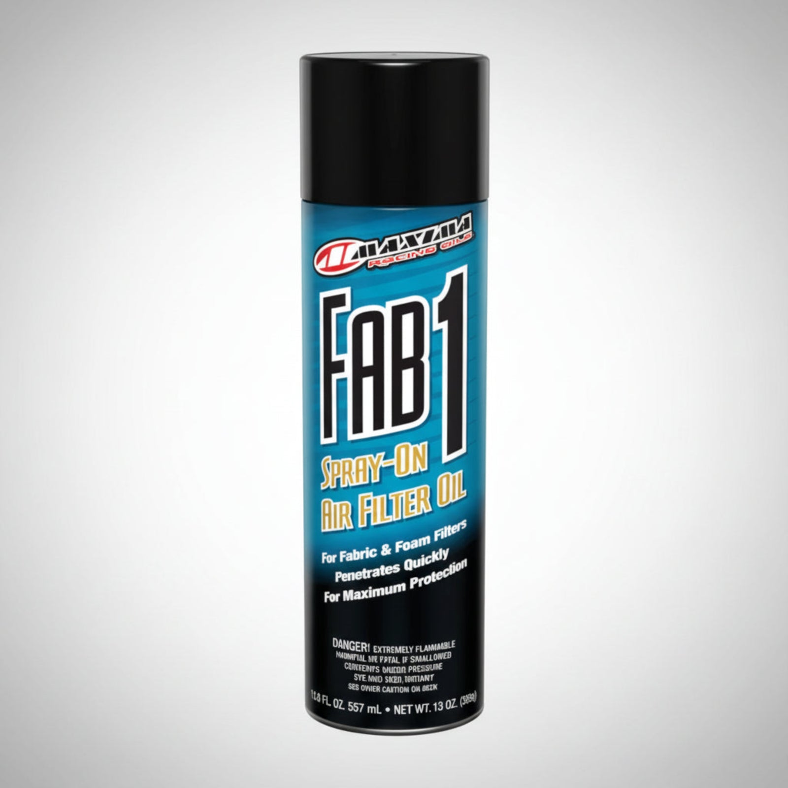 Maxima FAB-1 spray-on air filter oil aerosol can for motorcycles and dirt bikes.