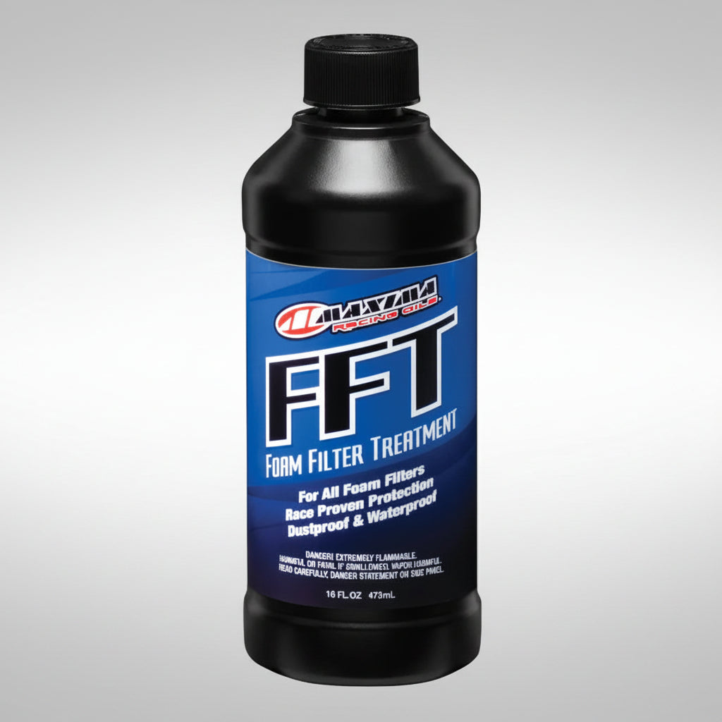 Bottle of Maxima Foam Filter Treatment on a black background