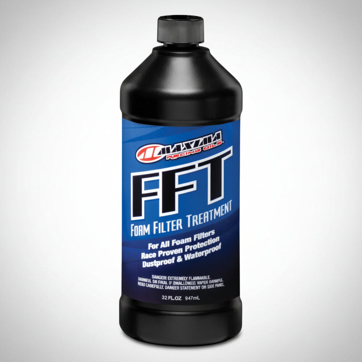 Maxima FFT Foam Filter Treatment liquid oil bottles in 16oz and 32oz sizes.