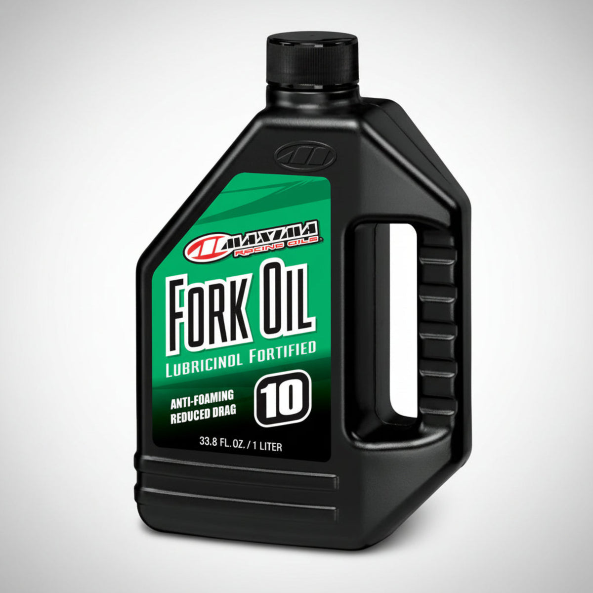 Bottle of Maxima motorcycle fork oil suspension fluid.