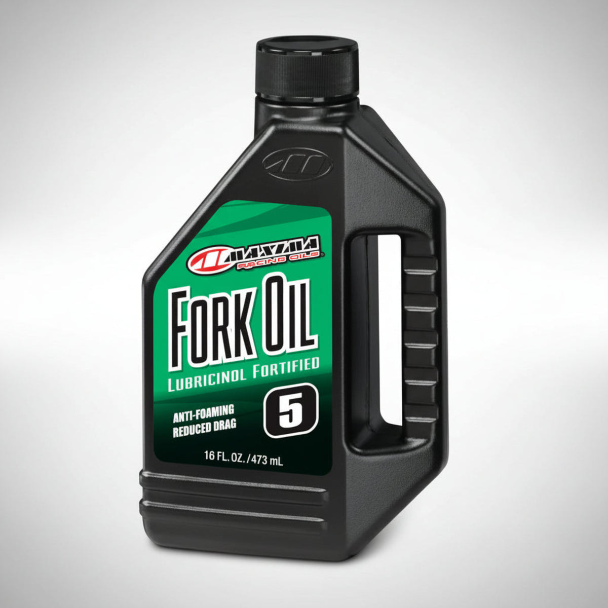 Bottle of Maxima motorcycle fork oil suspension fluid.