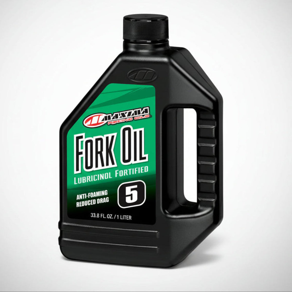 Bottle of Maxima motorcycle fork oil suspension fluid.