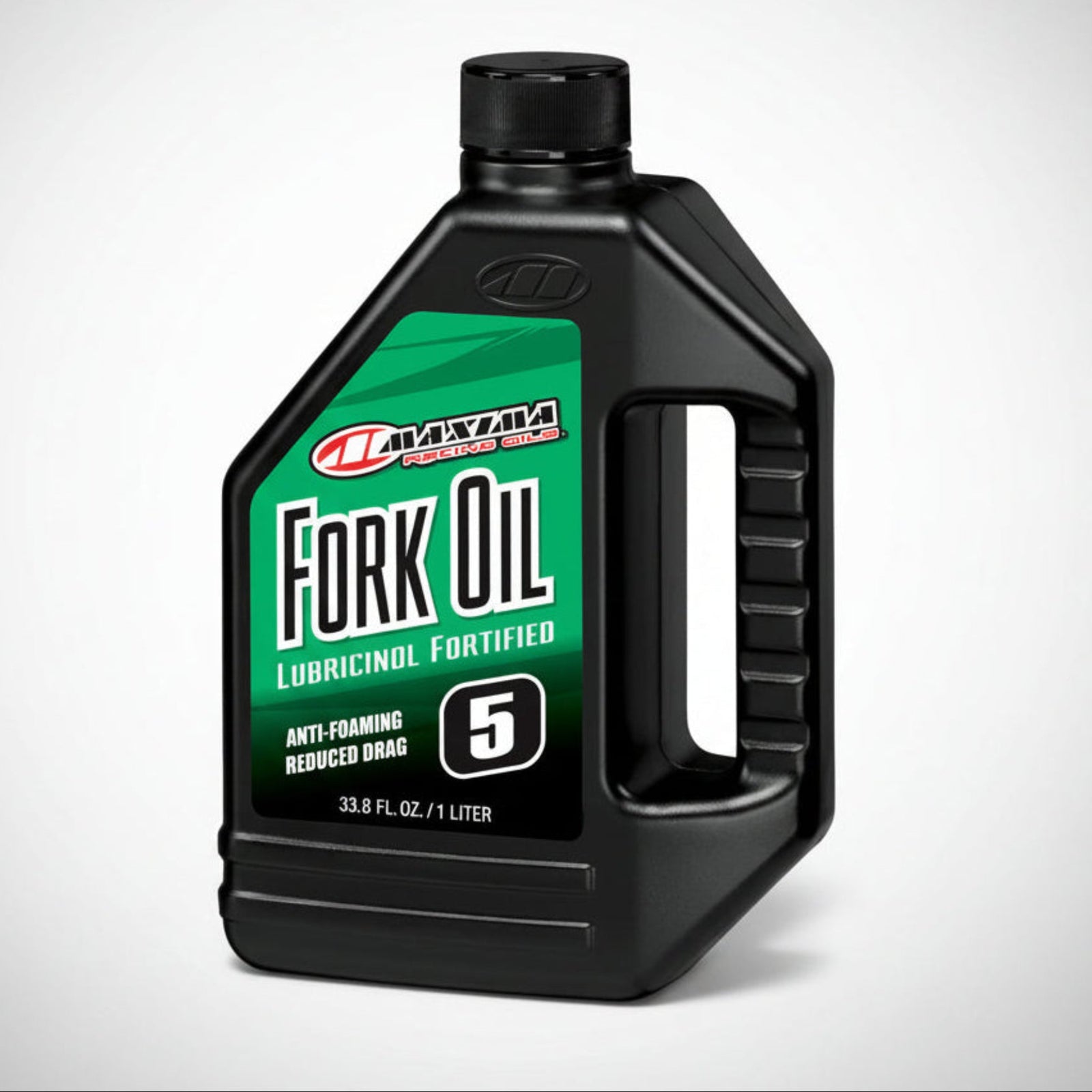 Bottle of Maxima motorcycle fork oil suspension fluid.