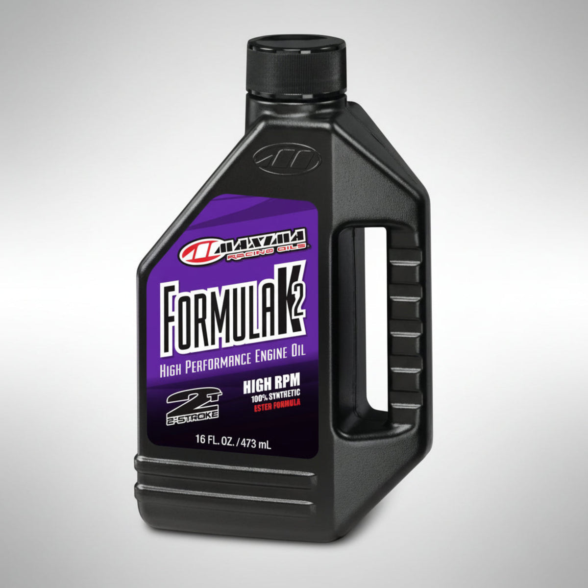 Maxima Formula K2 high performance engine oil bottle on a light gray background