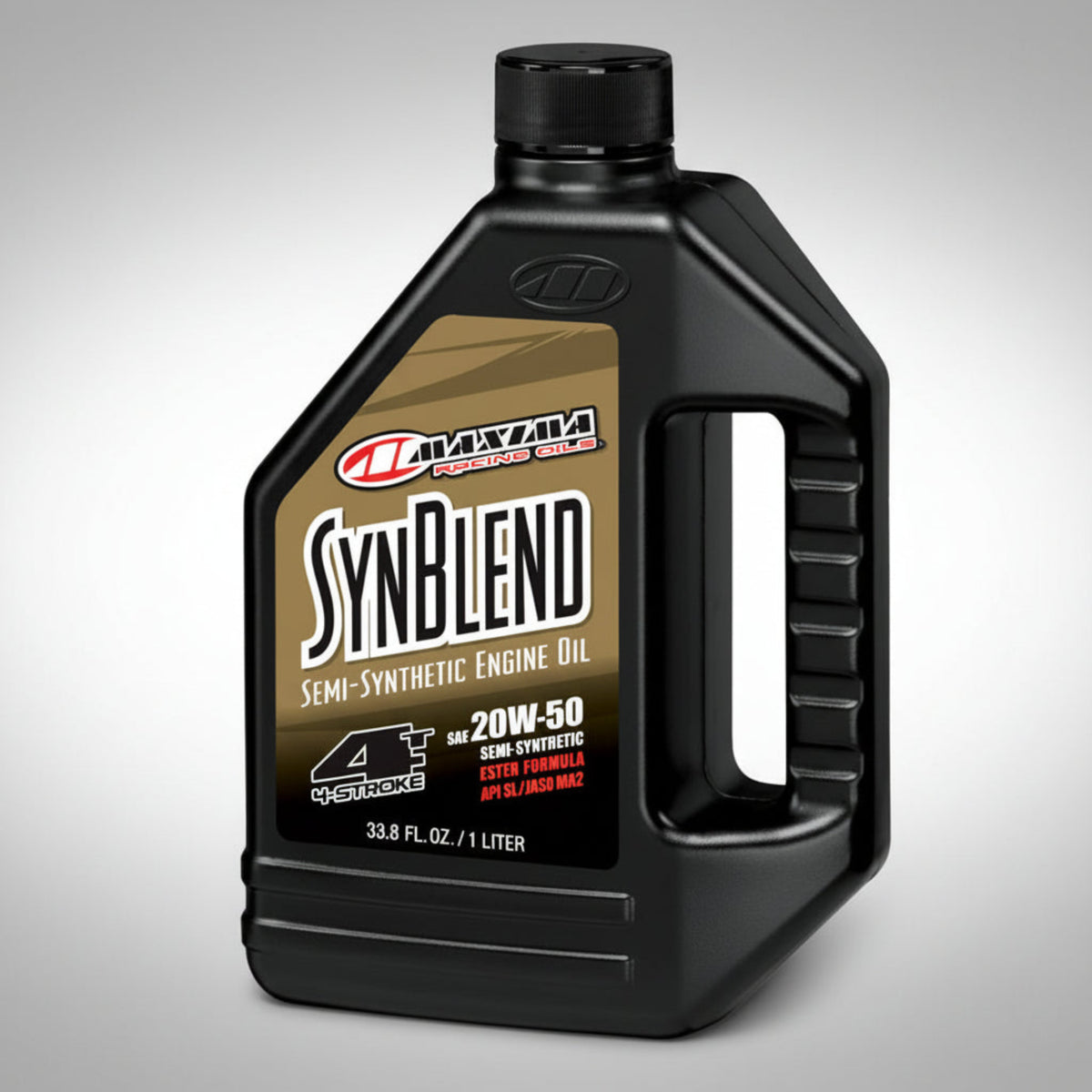 Black bottle of Maxima SynBlend semi-synthetic 20W-50 engine oil on a light gray background