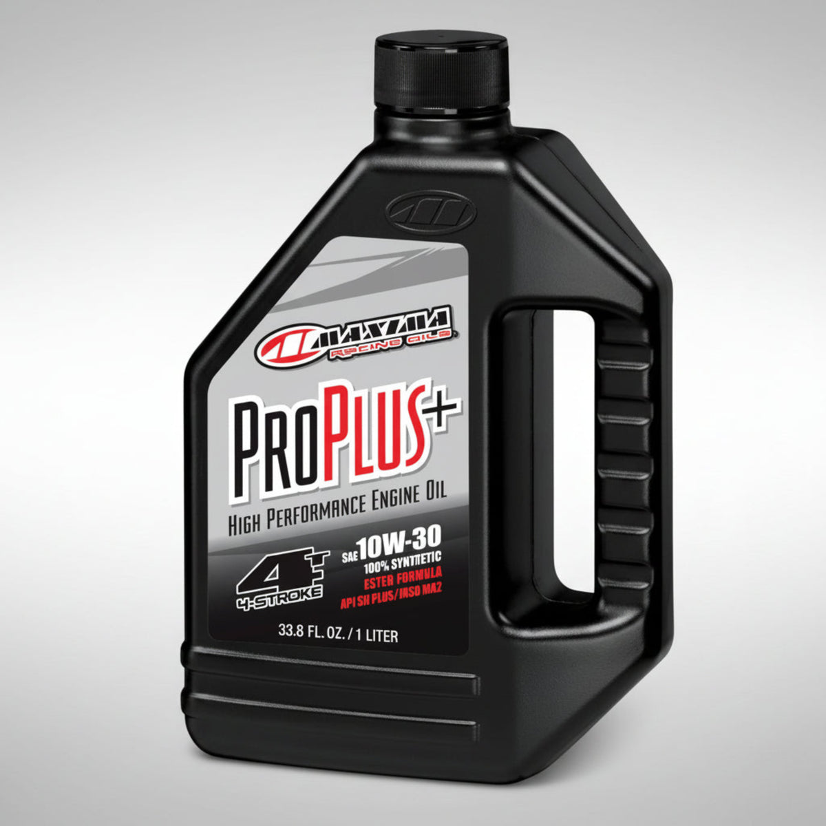 Bottle of Maxima Pro Plus+ 100% synthetic 4-stroke motorcycle engine oil.