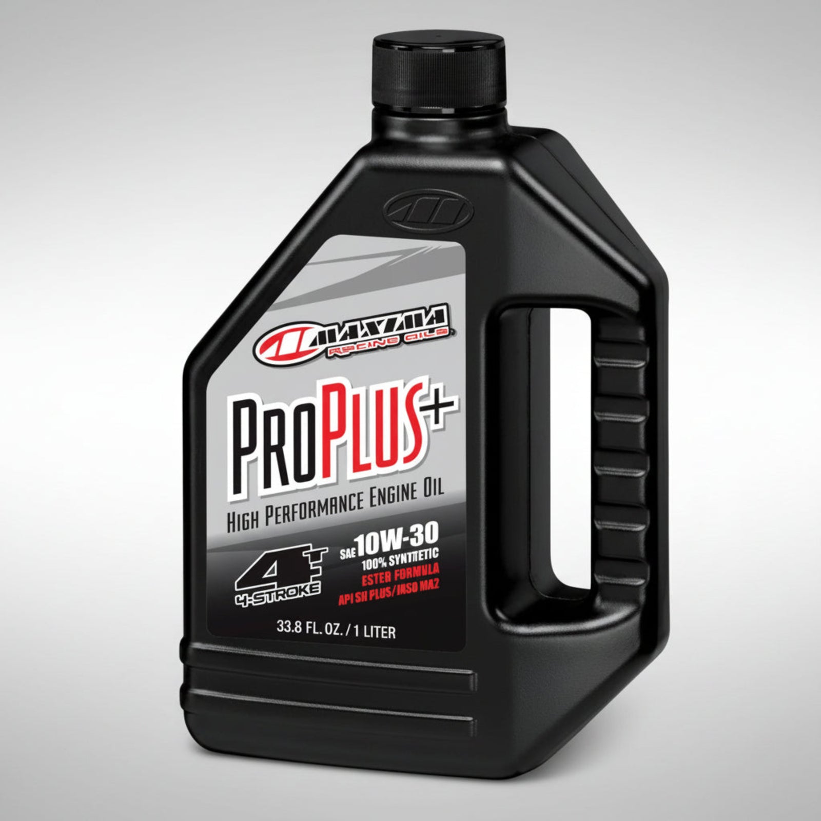 Bottle of Maxima Pro Plus+ 100% synthetic 4-stroke motorcycle engine oil.