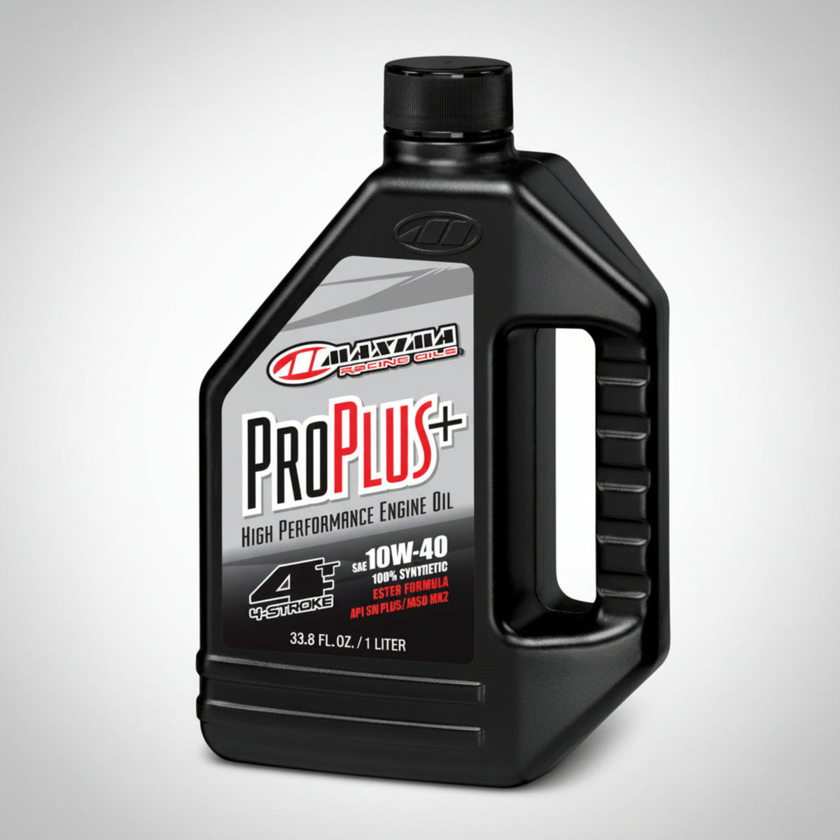 Bottle of Maxima Pro Plus+ 100% synthetic 4-stroke motorcycle engine oil.