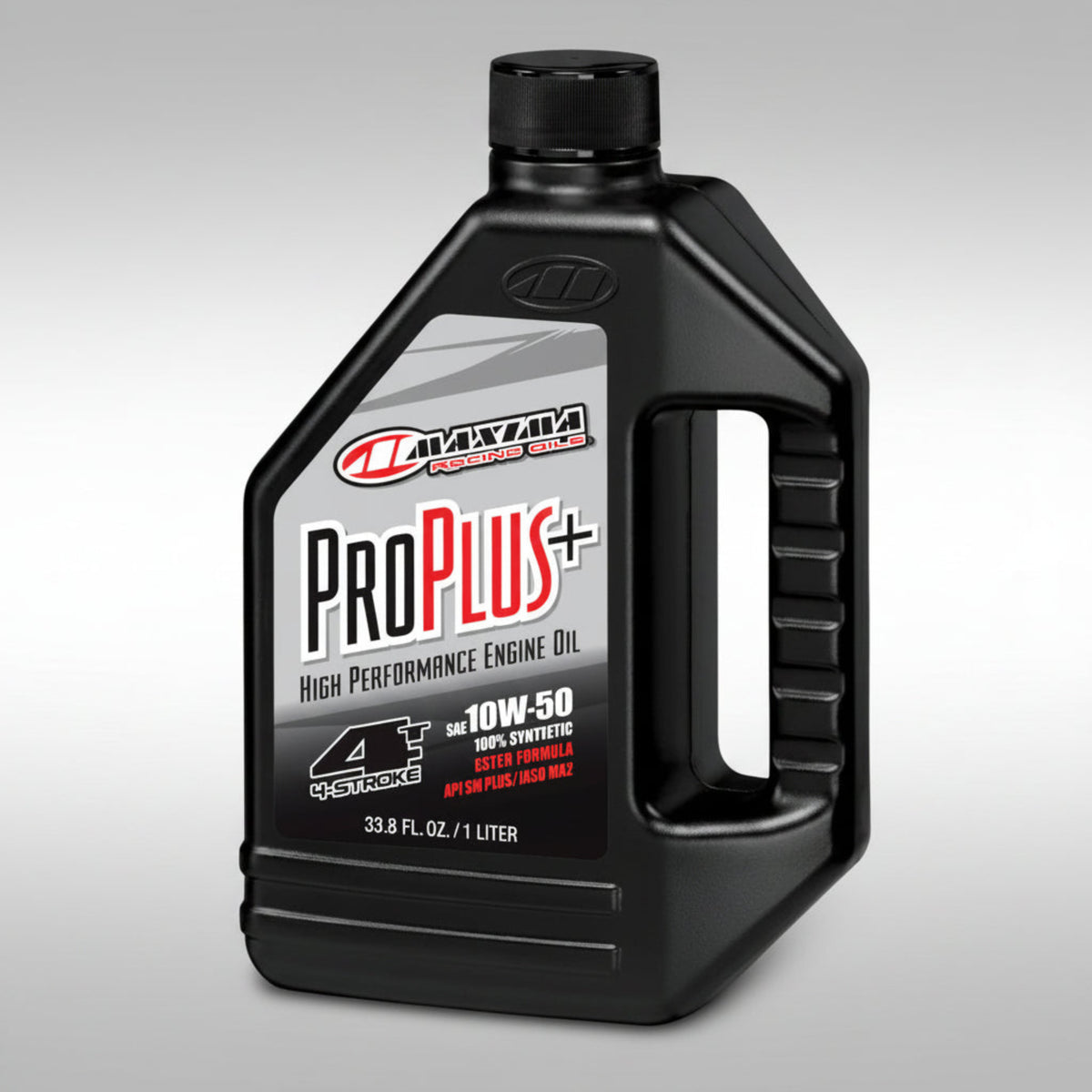 Bottle of Maxima Pro Plus+ 100% synthetic 4-stroke motorcycle engine oil.