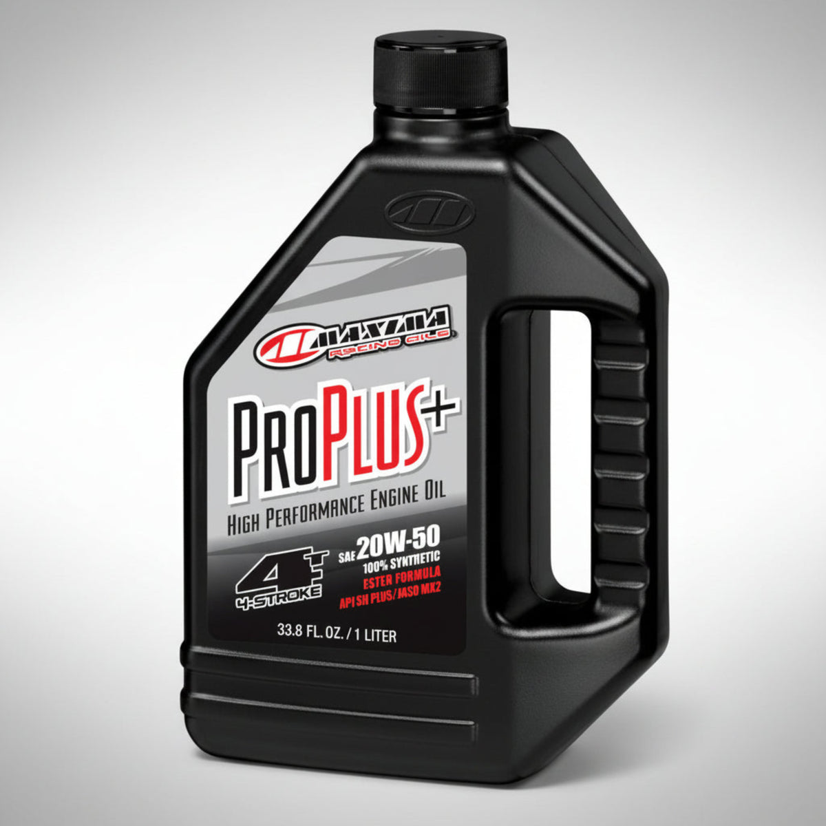 Bottle of Maxima Pro Plus+ 100% synthetic 4-stroke motorcycle engine oil.