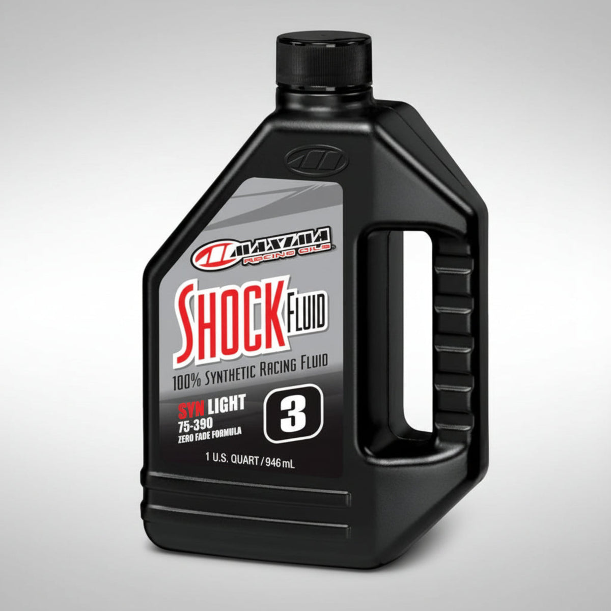 Maxima Synthetic Racing Shock Fluid 3WT 1 Quart bottle for motorcycle suspension.