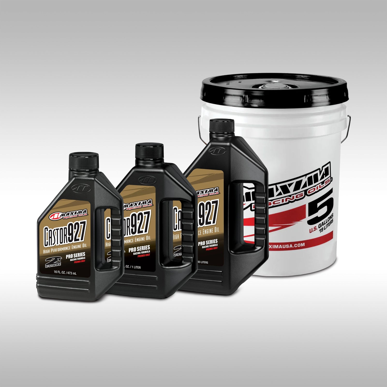 Maxima Castor 927 two stroke racing engine premix oil bottles and bucket.