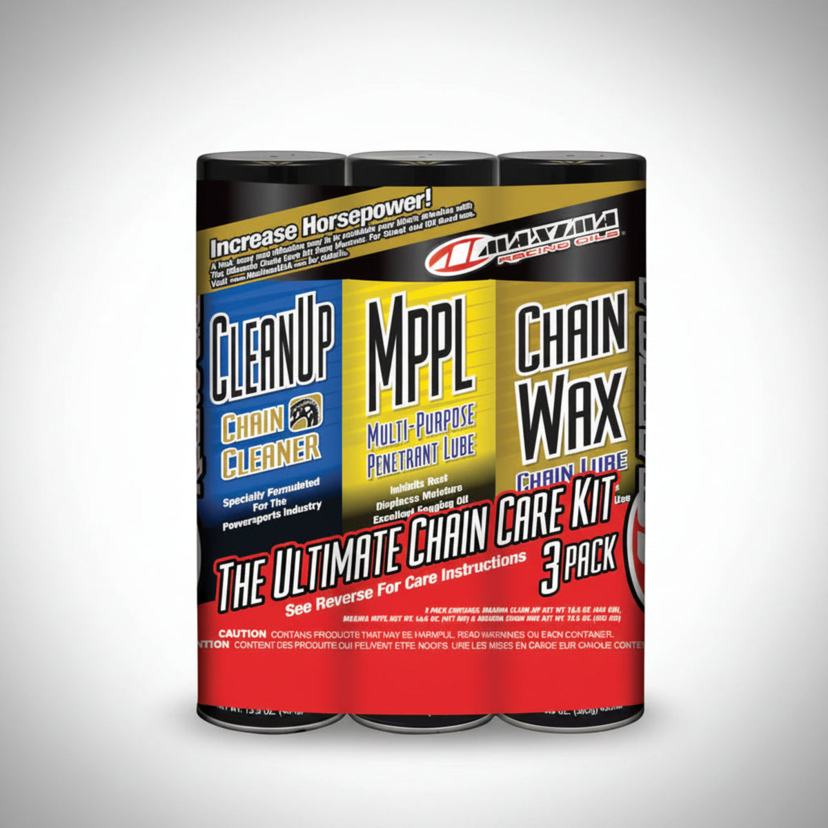 Maxima Chain Care Kit 3-pack with labels for chain cleaner, lube, and wax on a white background.