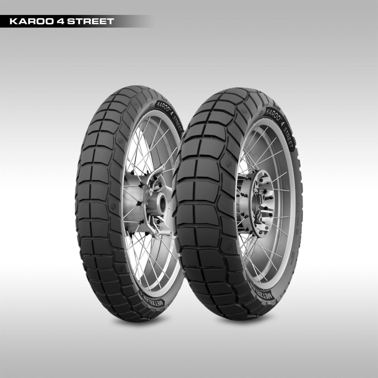 Metzeler Karoo 4 Street Motorcycle tires on a light gray background