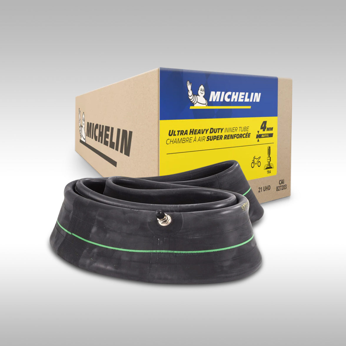 Michelin ultra heavy-duty inner tube with packaging on a gray background
