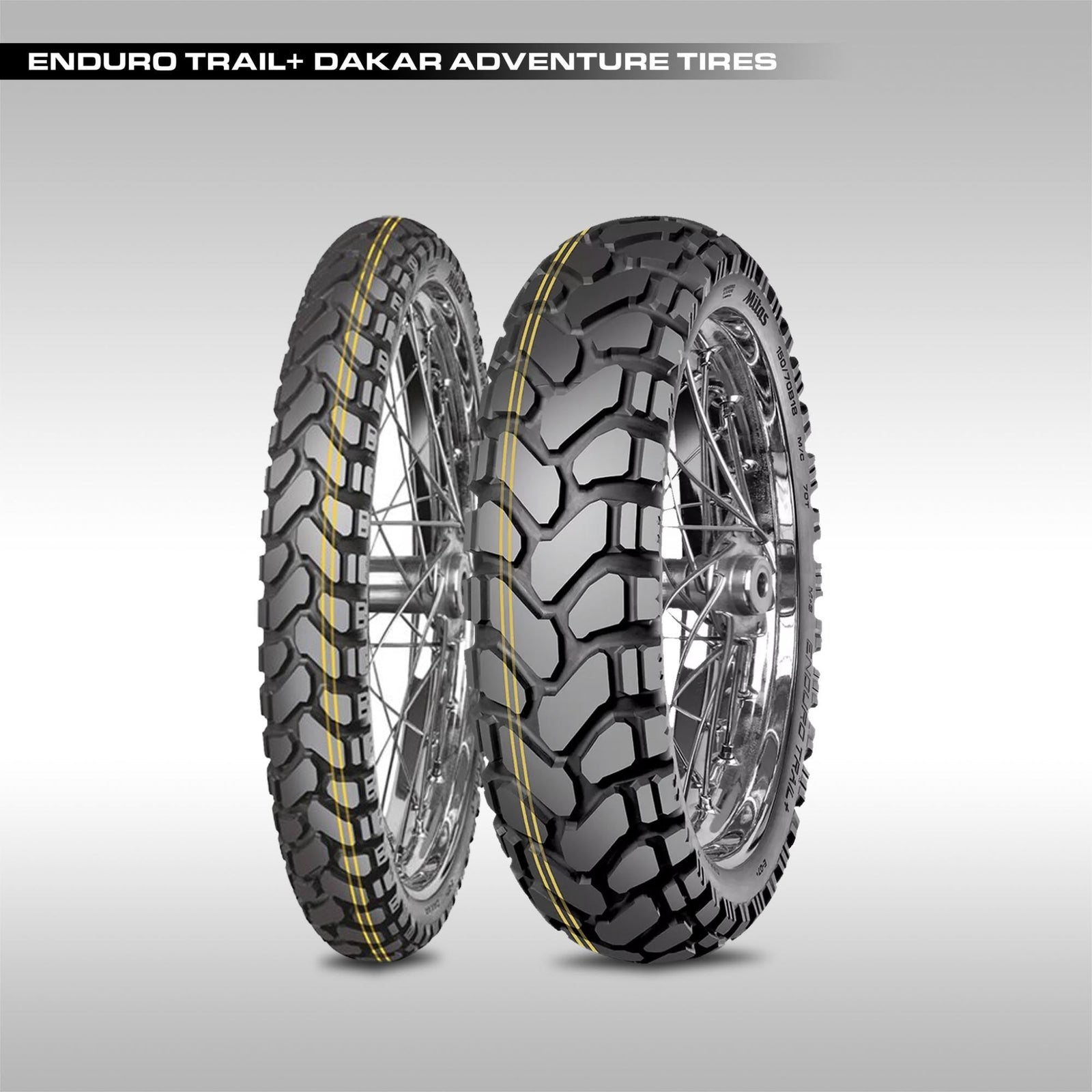Mitas Enduro Trail+ Dakar adventure motorcycle tire showing the signature yellow stripe and large chevron block tread pattern.