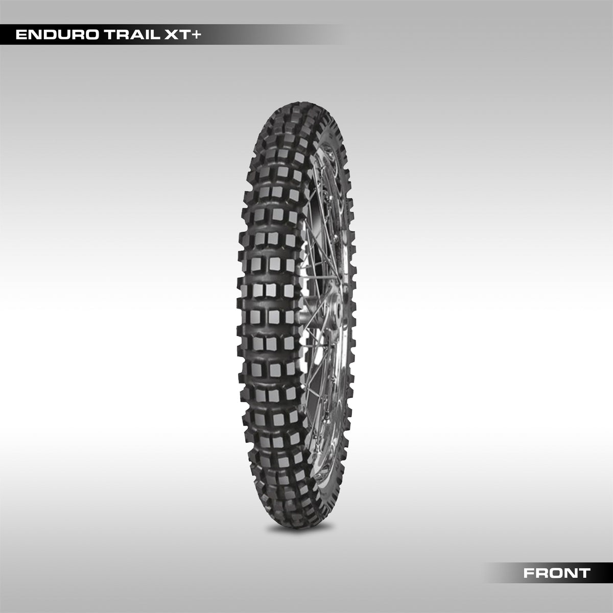 Front Mitas Tyres Enduro Trail XT Plus tires,  displayed vertically with their tread patterns visible on a gray background