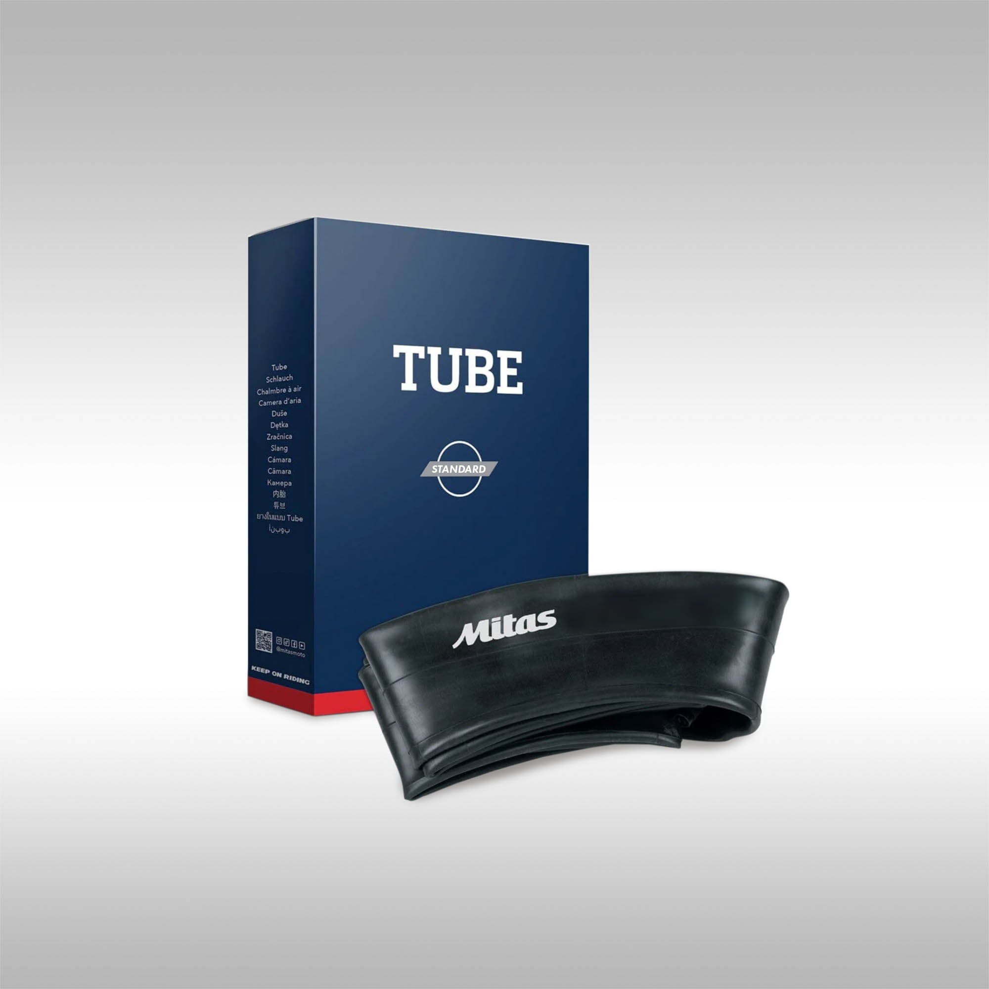 Black motorcycle inner tube with Mitas Tire branding next to a blue box labeled 'Tube' on a gray background