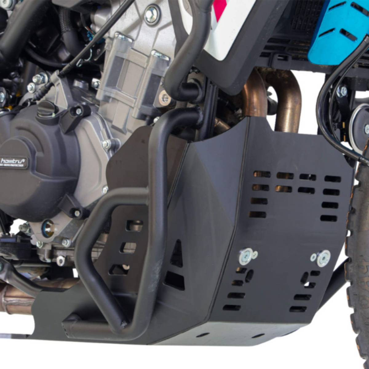 Moose Racing 0506-2614 black 8mm HDPE adventure skid plate mounted on a CFMOTO Ibex 450.