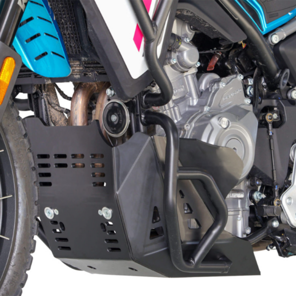 Moose Racing 0506-2614 black 8mm HDPE adventure skid plate mounted on a CFMOTO Ibex 450.