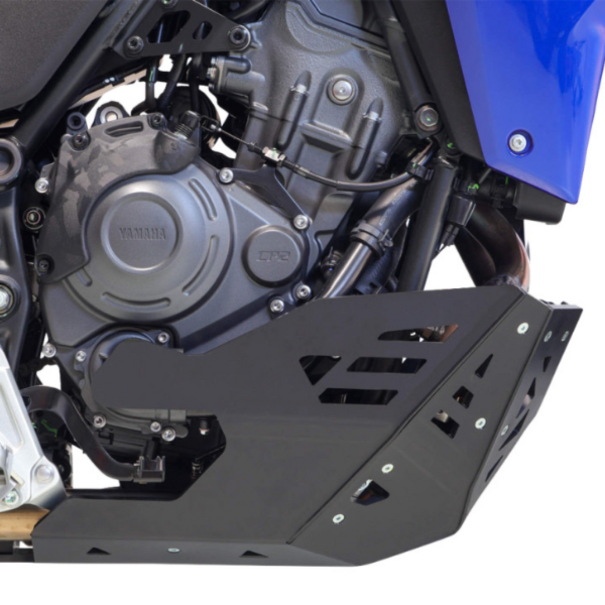 Moose Racing Pro LG 8mm HDPE skid plate installed on a Yamaha Tenere 700.