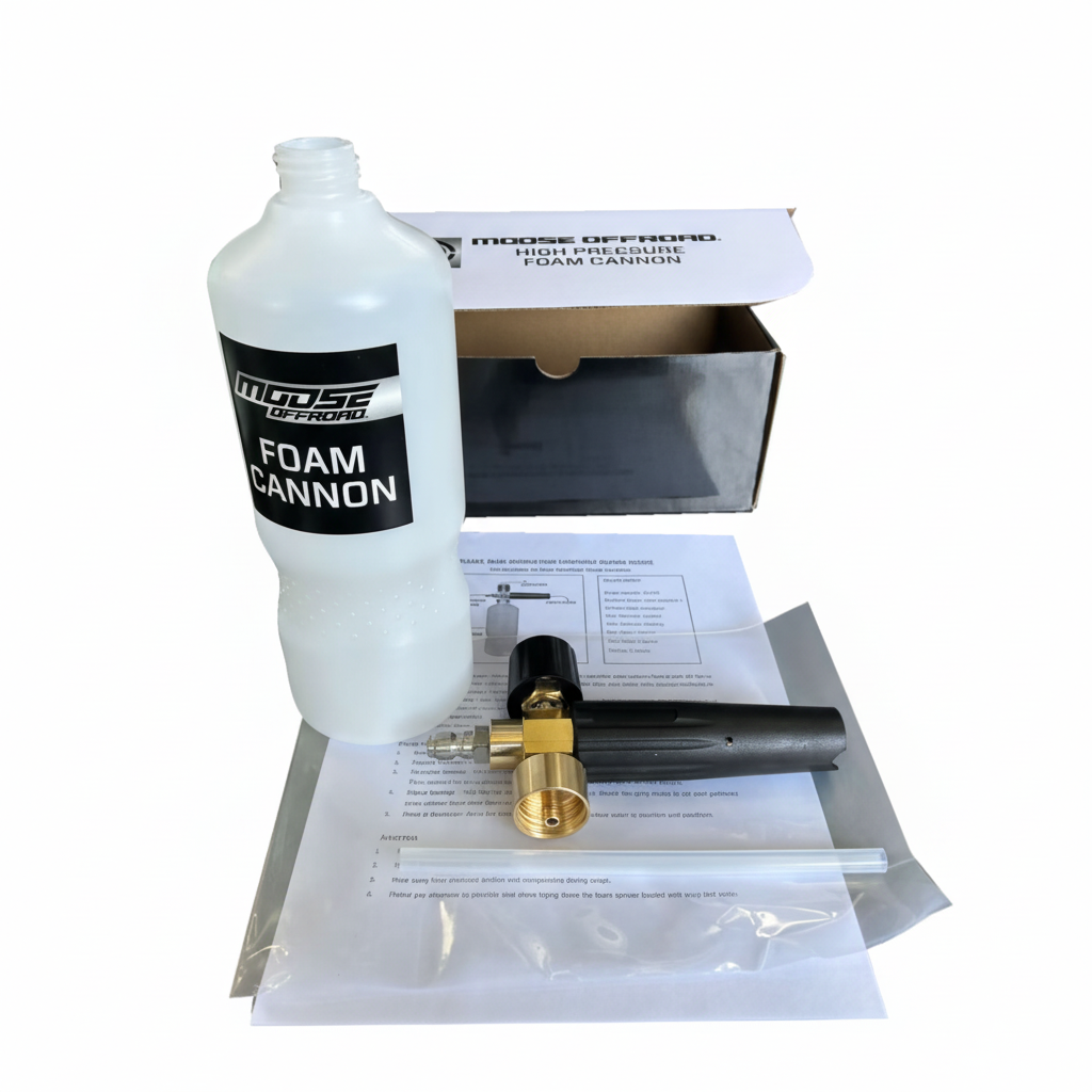 Foam cannon kit with bottle, nozzle, and instructions on a white background