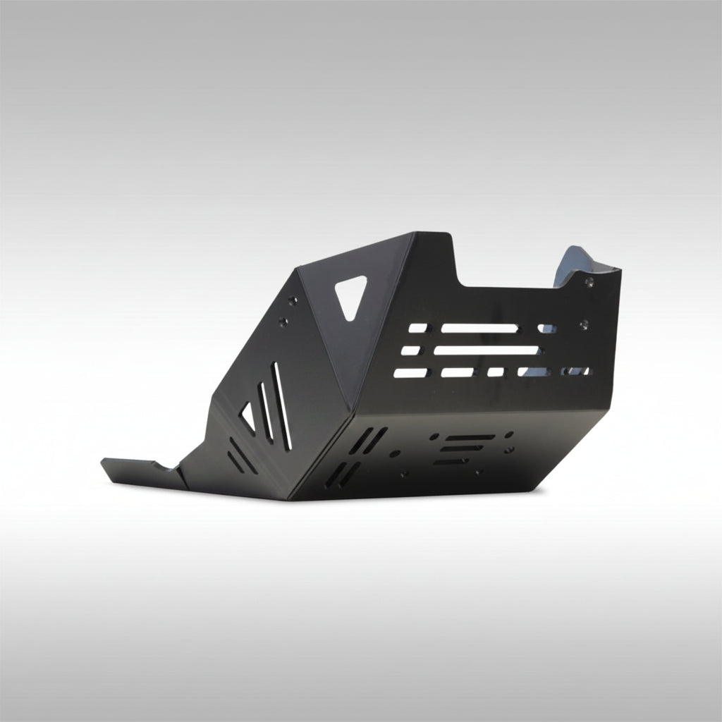 Black Moose Racing 8mm HDPE skid plate installed on an Aprilia Tuareg 660 adventure motorcycle.