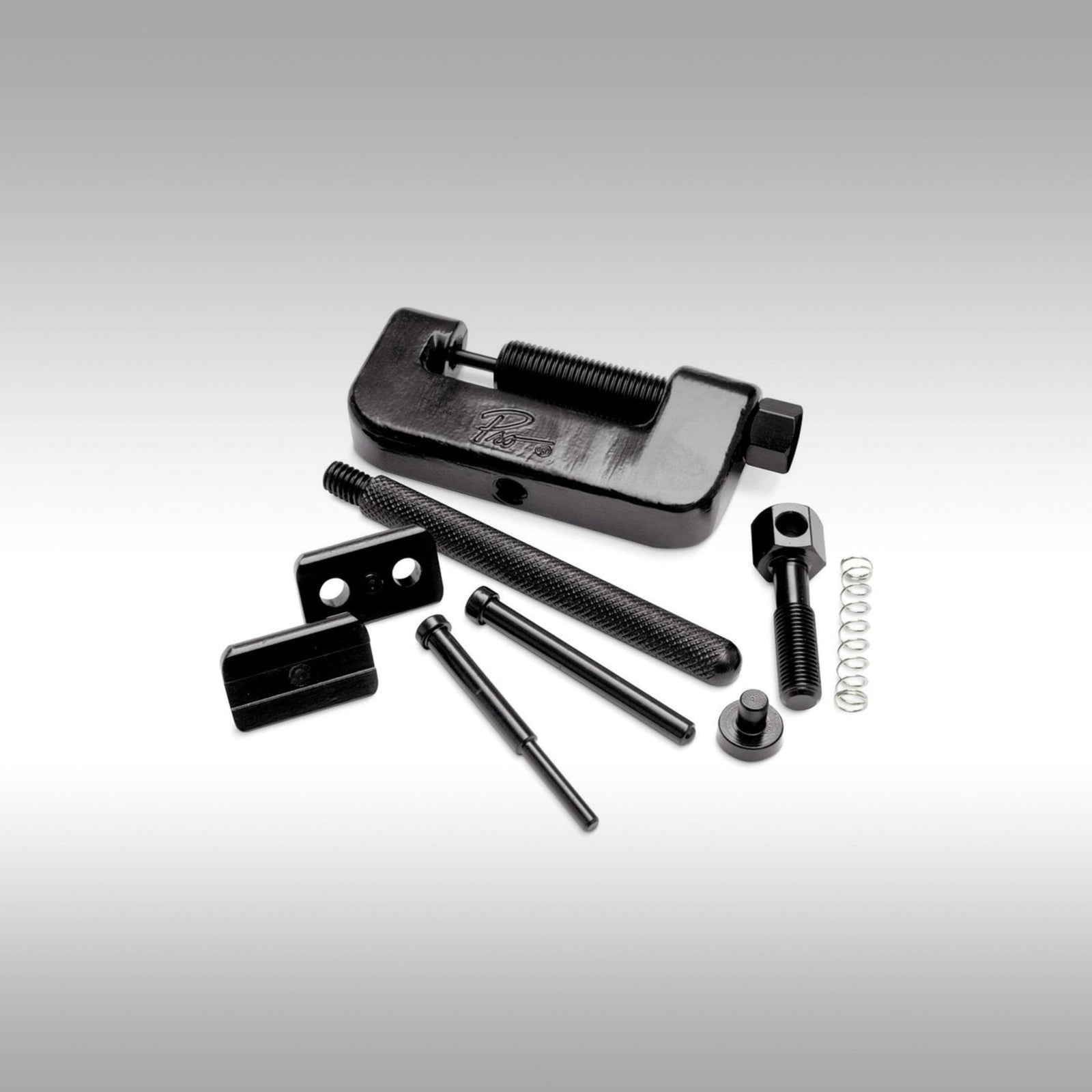 Motion Pro 08-0467 compact chain breaker, press, and riveting tool showing the hardened steel body and removable handle.