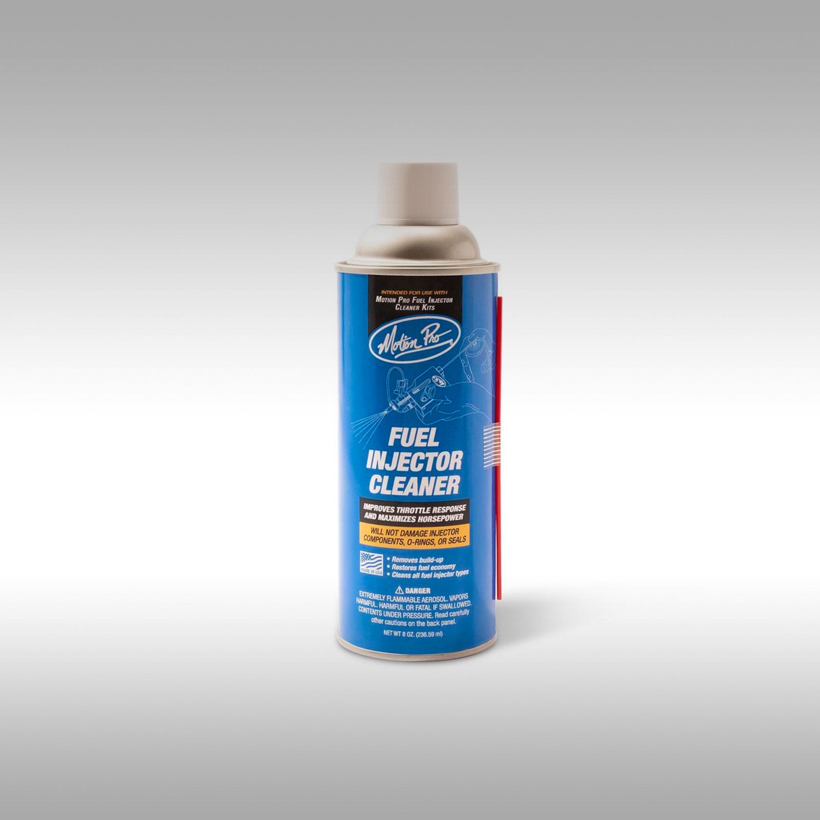 Can of Motion Pro fuel injector cleaner on a gray background