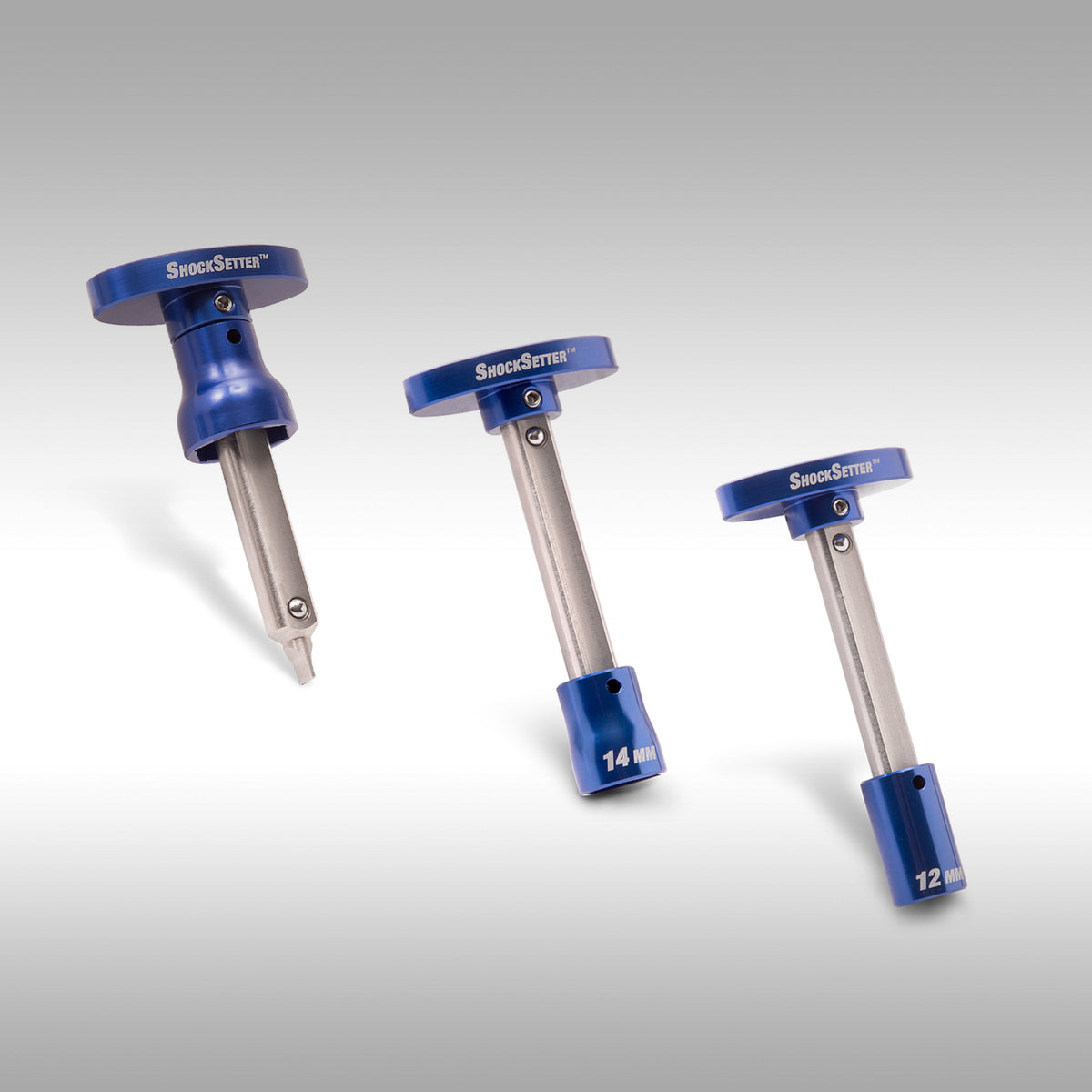 Three blue and silver Shock Setter tools from Motion Pro on a gray background